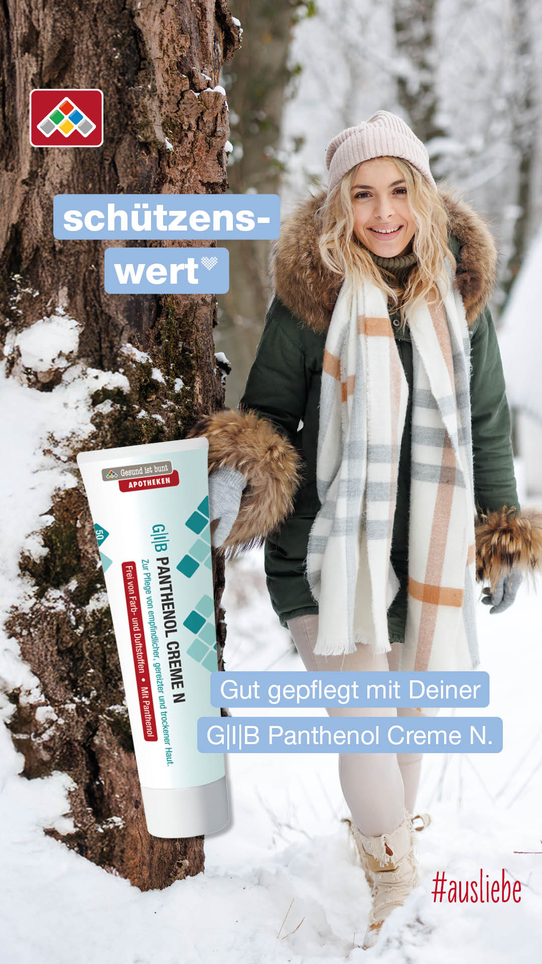Frau im verschneiten Wald. Werbung Pantenol Creme